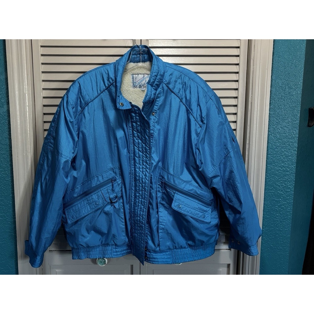 Vintage 80's Rainbow West‎ Large Sherpa Lined Jacket Waterproof Coating Teal Zip